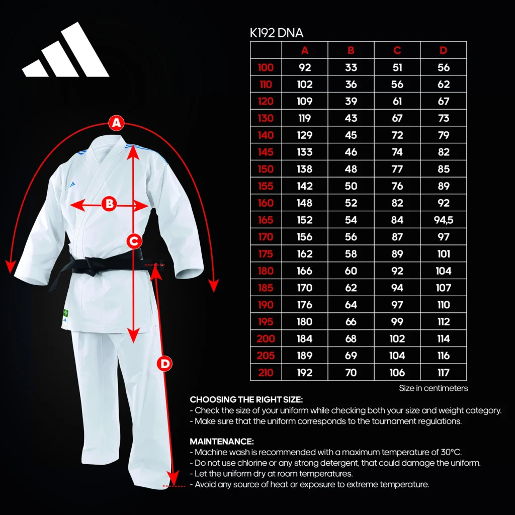 Guia de tamanhos do Kimono Adidas AdiLight DNA Primegreen WKF para Kumite