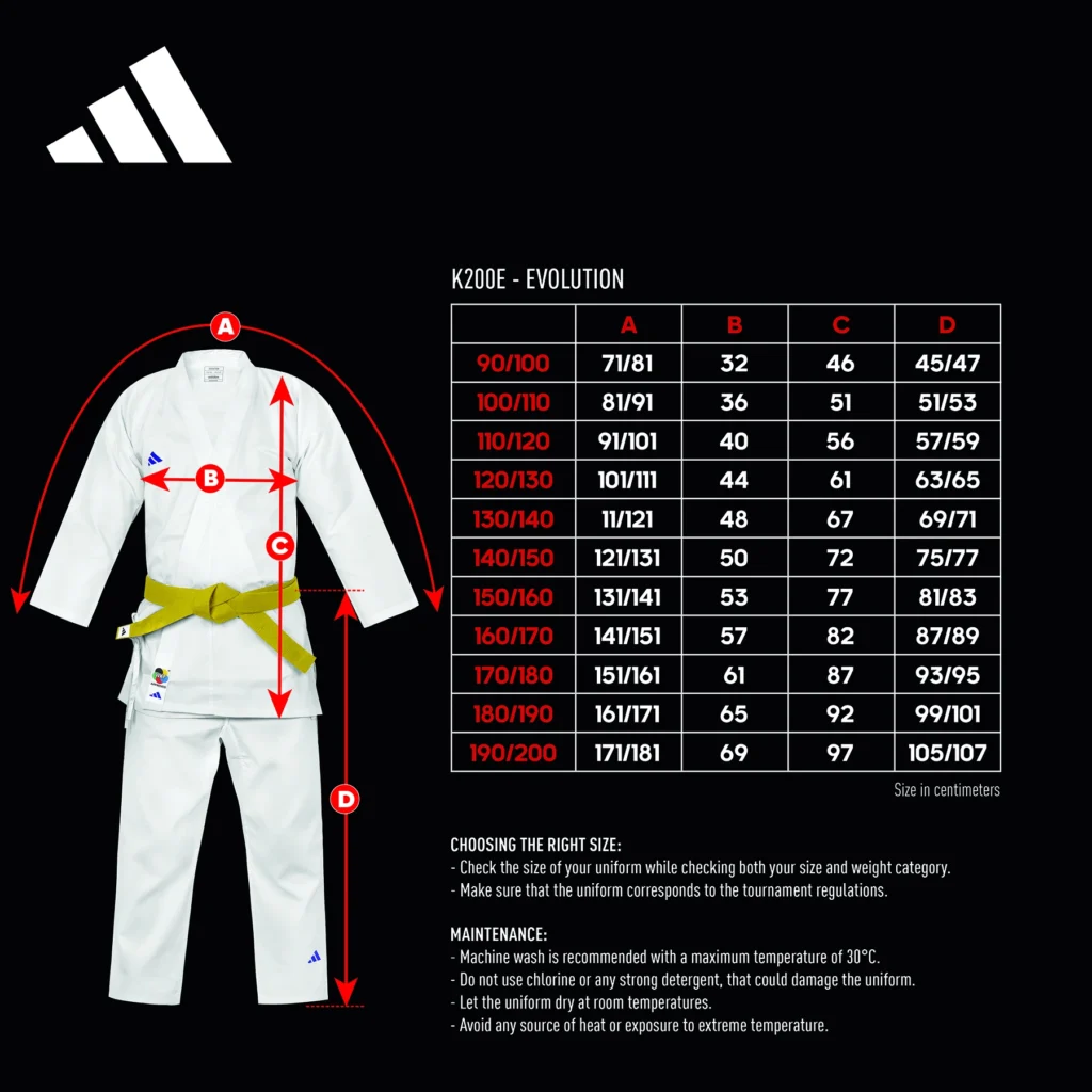 Guia de tamanhos do Kimono Adidas Evolution 2 em 1 WKF Infantil para Karatê