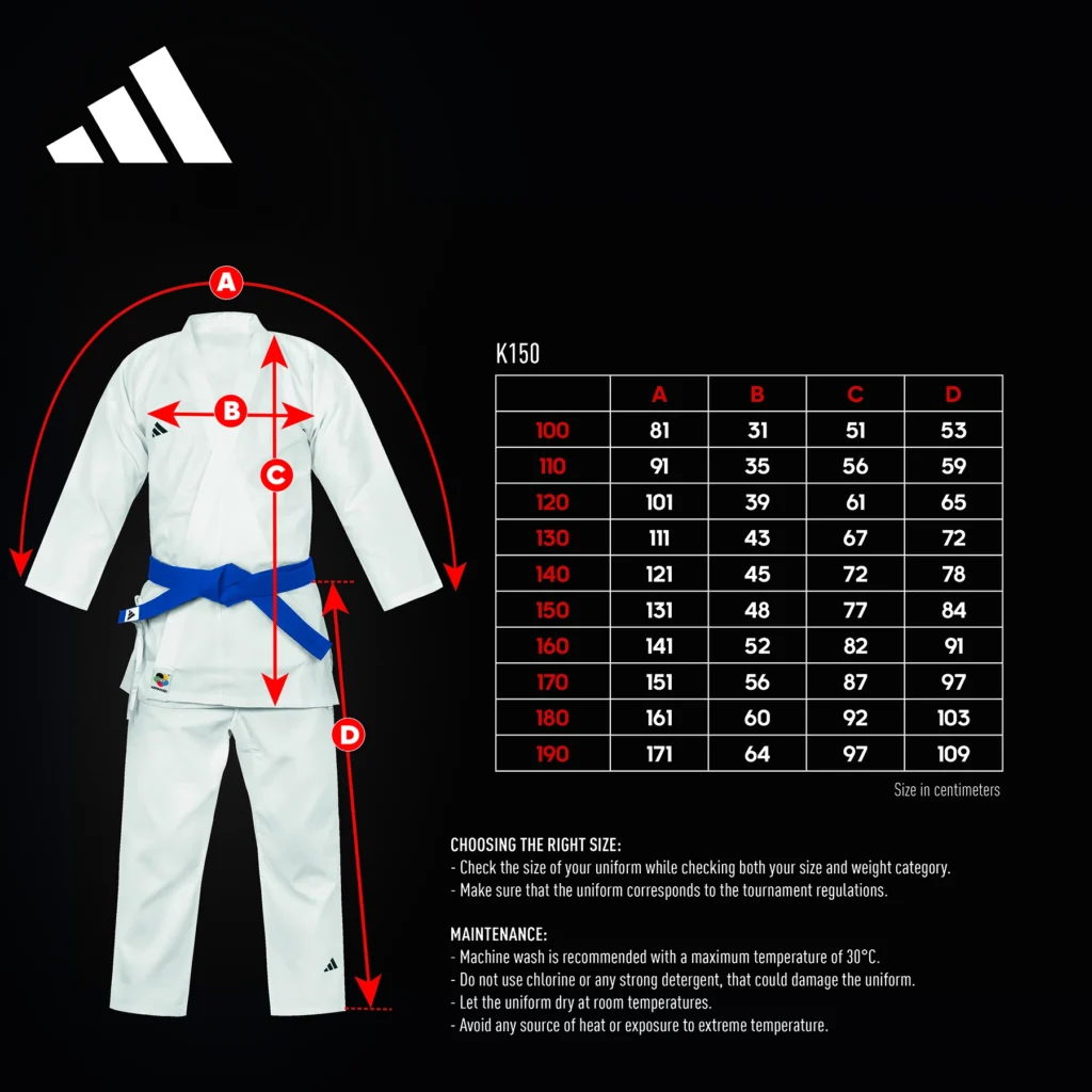 Guia de tamanhos do Kimono Adidas Shodan Studant WKF para Kumite