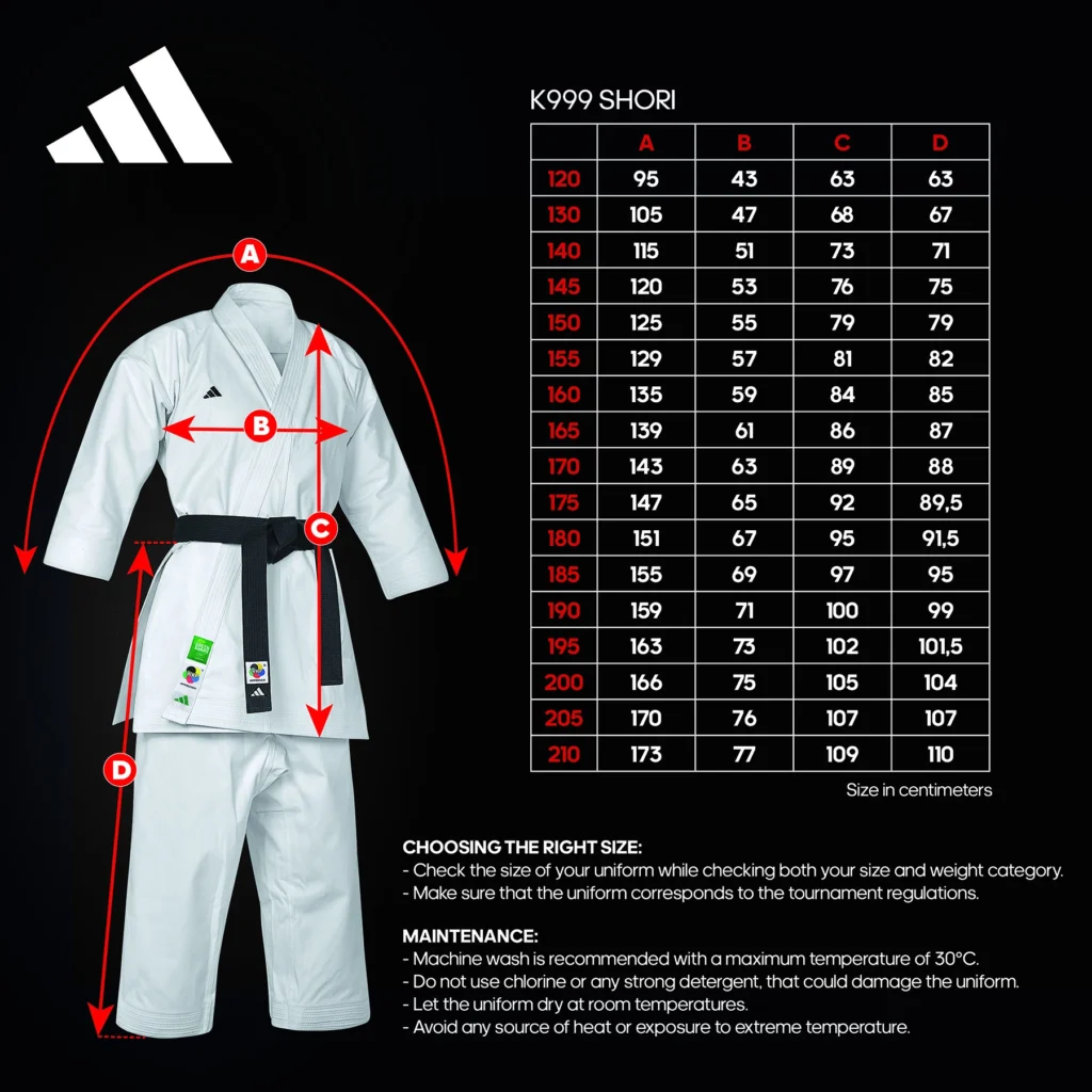 Guia de tamanhos do Kimono Adidas Shori Black Stripes High Waist WKF para Kata