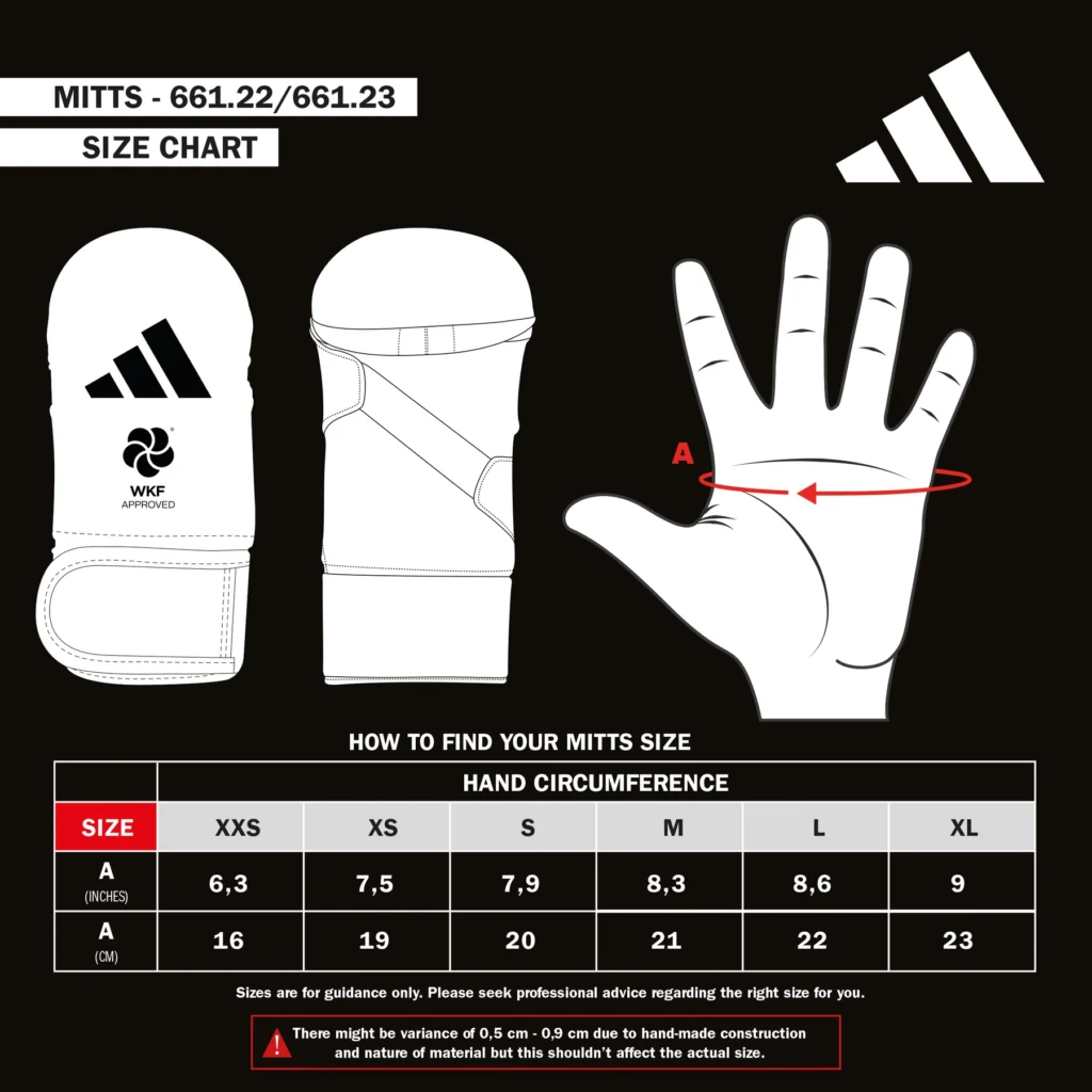 Guia de tamanhos do Luva Adidas Diagonal Elastic® WKF para Kumite