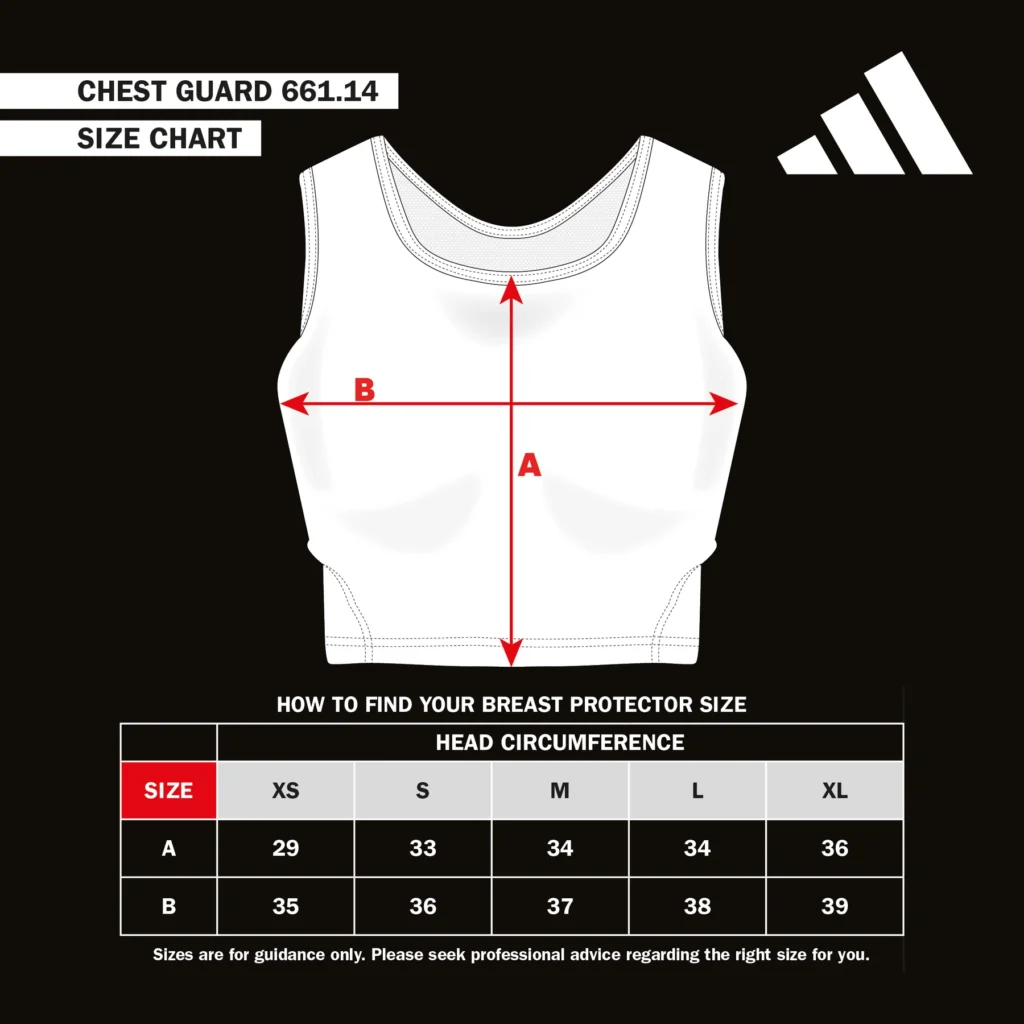 Guia de tamanhos do Protetor de Seio Feminino Adidas Lady Chest Guard WKF