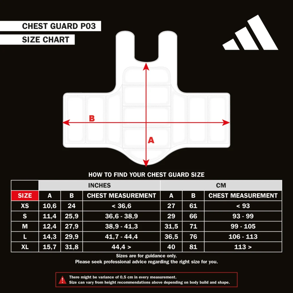 Guia de tamanhos do Protetor de Tórax Adidas Chest Guard WKF para Kumite